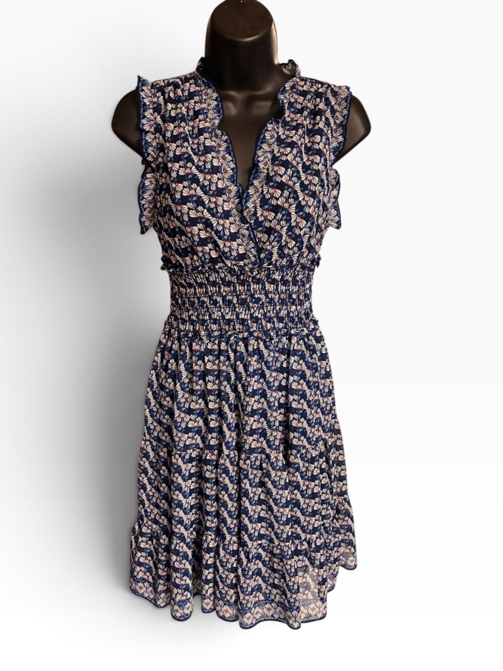 Max Studio Navy & Cream Floral Smocked Mini Dress